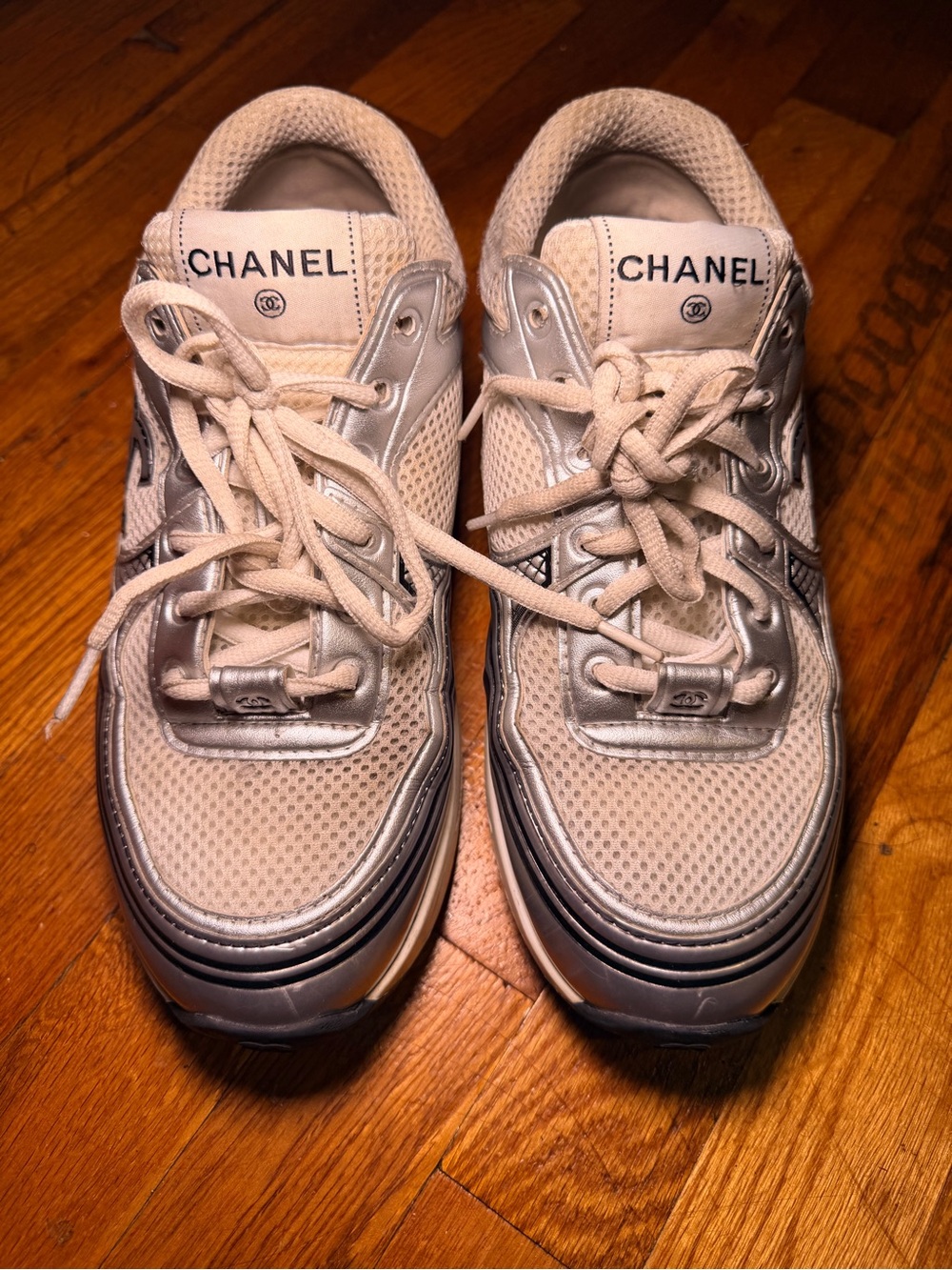 CHANEL Beige and Silver Athletic Sneakers